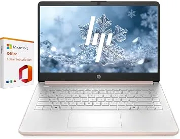 HP 14" Business & Home Laptop Computer with 1-Year Office 365 Included, 4GB RAM 128GB SSD, Quad-Core Intel Processor, Windows 11, Rose Gold