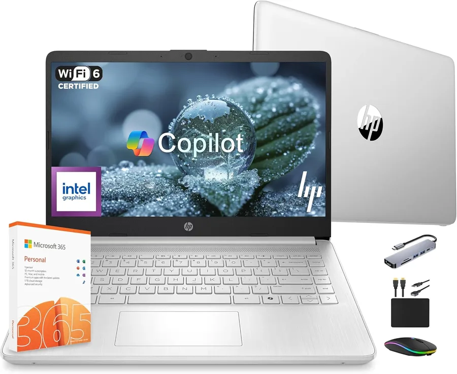 HP 14 Laptop Computer 2025 Ultra Light, AI Copilot Student Business, Quad-Core Intel, 16GB RAM, 628GB Storage (128GB UFS+ 500GB Ext), 1 Yr Office 365, 12 Hr Battery MarxsolAccessory Win 11S, Silver