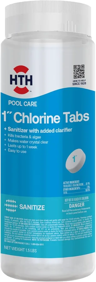 HTH 42049 Pool Care 1" Chlorine Tabs, Swimming Pool Sanitizer with Added Clarifier - Eliminates Bacteria & Algae, Makes Water