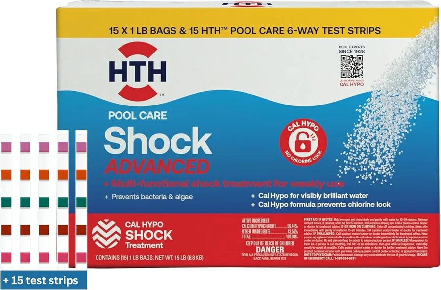 HTH 52046 Pool Care Shock Advanced, Swimming Pool Chemical - Cal Hypo Formula, Prevents Bacteria & Algae, Restores Crystal Clear Water - Shock Treatment, 1lb (15 Pack) + 15 HTH Pool Care Test Strips
