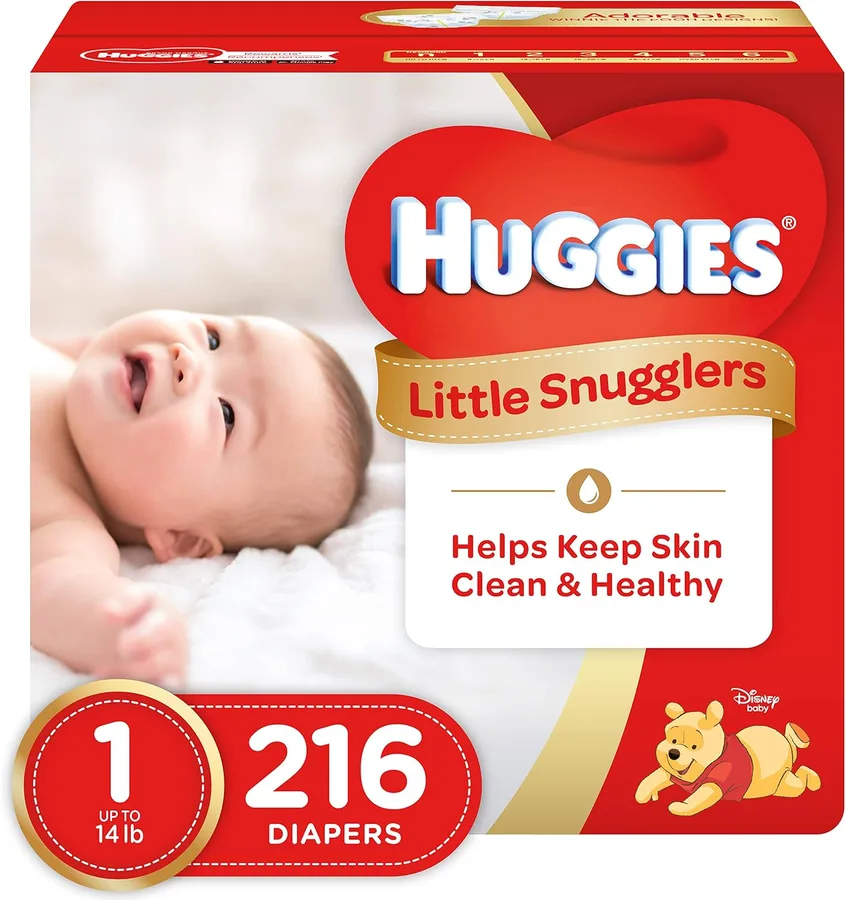 HUGGIES Little Snugglers Baby Diapers, Size 1, 216 Count, Unscented, Hypoallergenic, GentleAbsorb Liner, Pocketed-Back Waistband, Wetness Indicator, Premium Softness