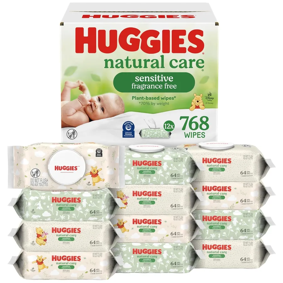 Huggies Natural Care Sensitive Baby Wipes, Unscented, Hypoallergenic, 99% Purified Water, 12 Flip-Top Packs (768 Wipes Total), Packaging May Vary