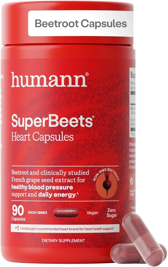 Humann SuperBeets Beet Root Capsules Quick Release 1000mg, Helps Support Nitric Oxide Production, Blood Pressure Support, Hea