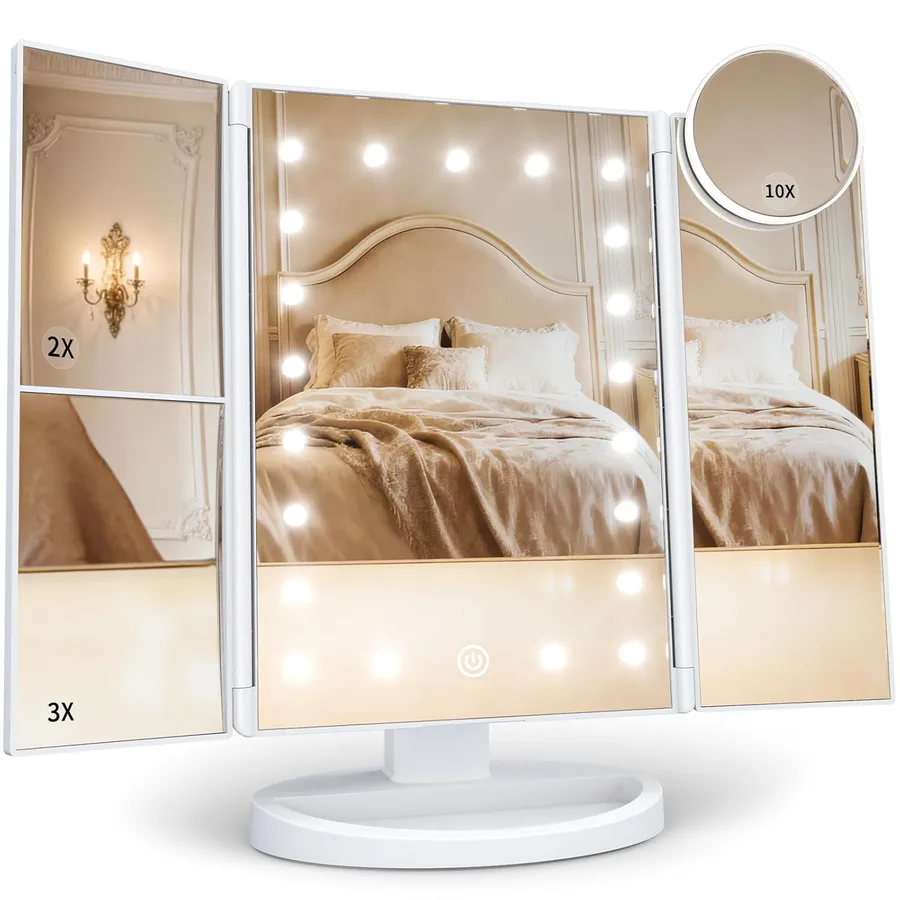 HUONUL Makeup Mirror, Vanity Mirror with Lights, 2X/3X/10X Magnification, Touch Control, Trifold, Dual Power Supply, Birthday
