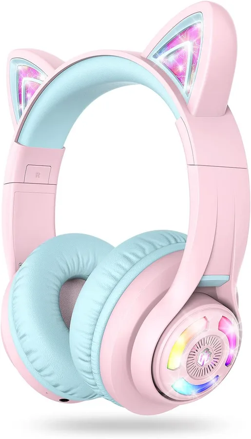 iClever Cat Ear Kids Bluetooth Headphones, LED Lights Up, 74/85dBA Safe Volume Limited, 50H Playtime,Bluetooth 5.2, USB C, Ki