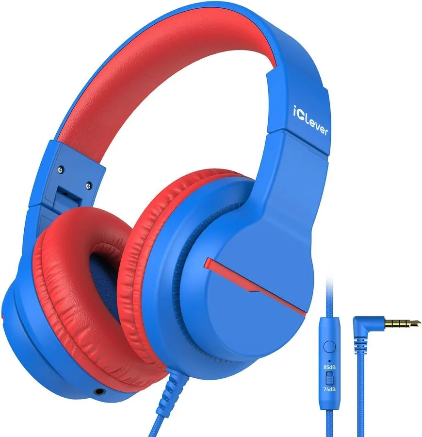 iClever Kids Headphones for School Travel, Safe Volume Limited, HD Mic Stereo Sound Over-Ear Girls Boys Headphones for Kid, F