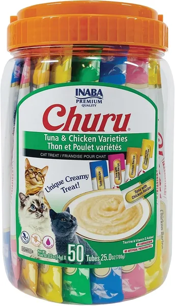 INABA Churu Cat Treats, Lickable, Squeezable Creamy Purée Cat Treat with Green Tea Extract & Taurine, 0.5 Ounces Each Tube, 5
