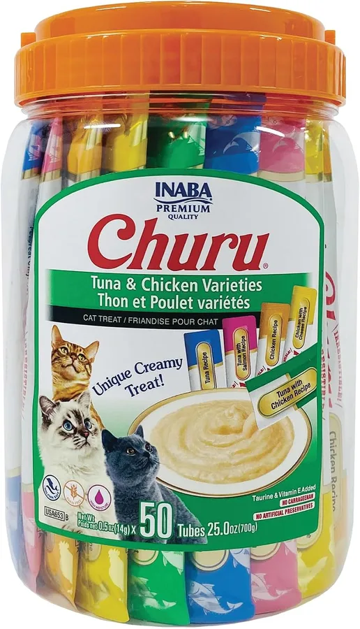 INABA Churu Cat Treats, Lickable, Squeezable Creamy Purée Cat Treat with Green Tea Extract & Taurine, 0.5 Ounces Each Tube, 5