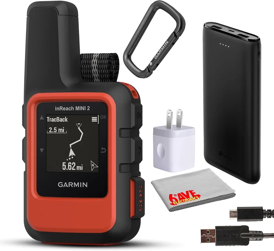 inReach Mini 2 Compact Satellite Communicator, Lightweight Rugged Design, Portable GPS Handheld for Hiking, Two-Way Text Messaging Device Bundle with Accessories (Flame Red)