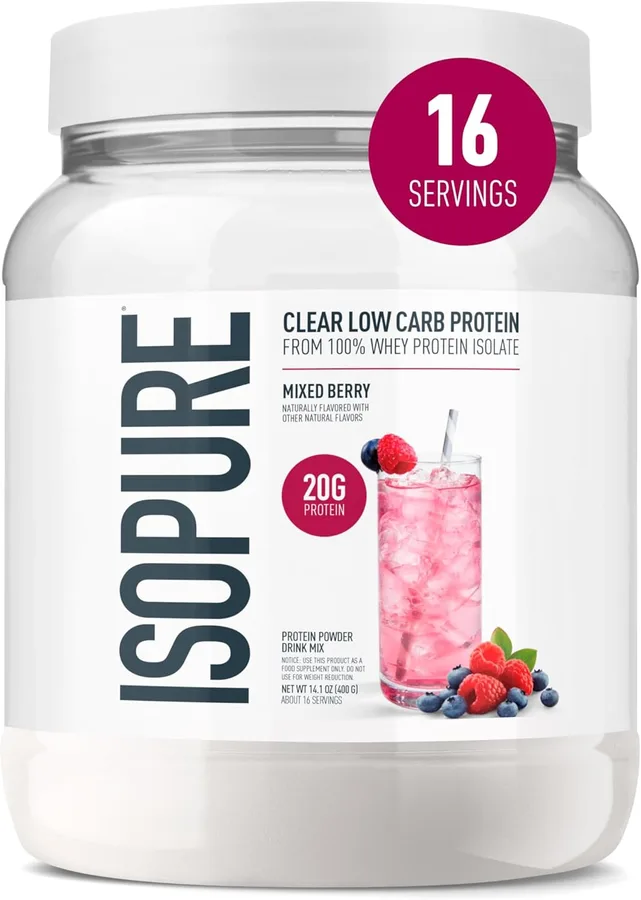 Isopure Clear Whey Isolate Protein Powder, Lactose Free, Gluten Free, Naturally Flavored, Mixed Berry, 20g Protein Per Servin