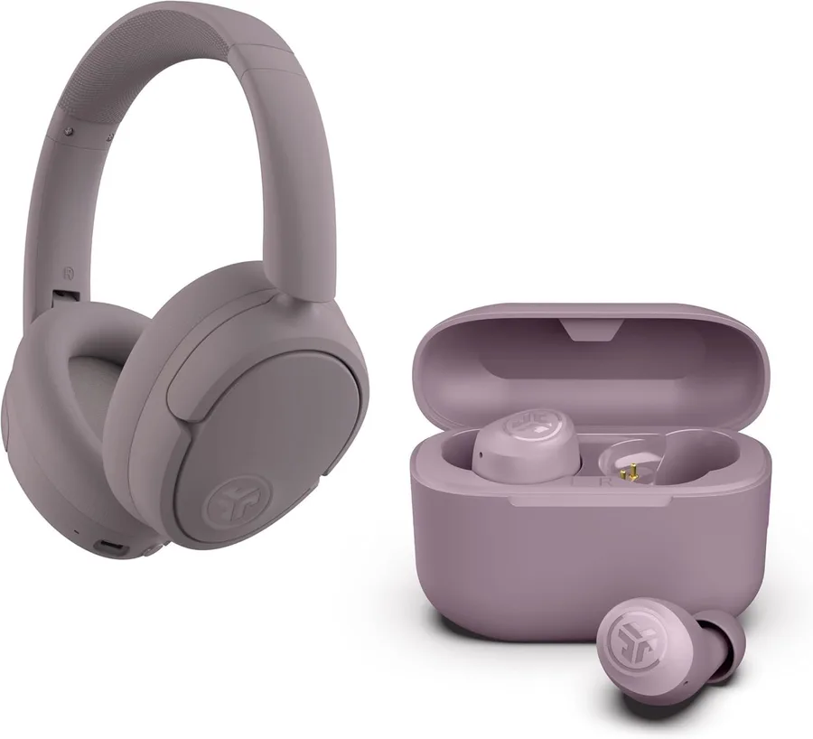 JLab JBuds Lux ANC Over Ear Headphones Bundle with Go Air Pop+ True Wireless Earbuds, Active Noise Cancelling, Bluetooth multipoint, Mauve
