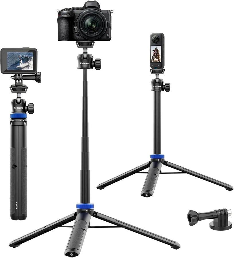 Kaitezenz Selfie Stick Tripod for Gopro Camera, 62" Extendable Tripod Stand with 360° Ball Head 1/4" Screw, Portable Lightweight Camera Tripod for Max Hero 13 12 11 10 DJI OSMO Pocket3 Action Camera