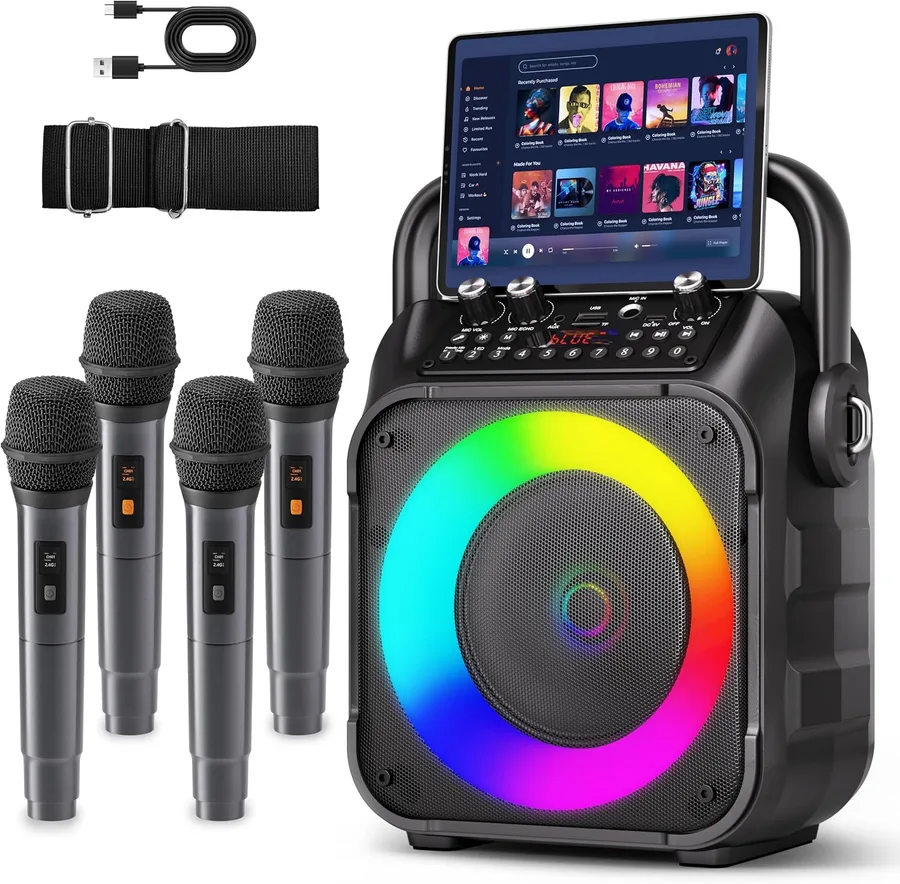 Karaoke Machine, Portable Bluetooth Speaker with 4 Wireless Microphones for Adults & Kids with Lights, Karaoke Microphone with PA System Supports USB/TF/FM/AUX for Home Party Home System Packages