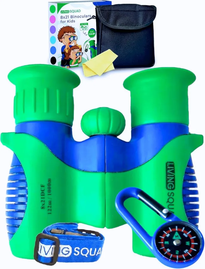 Kids Binoculars 8x21 Shockproof Green - Ages 3-12 with Case Neck Strap Compass Carabiner | High Resolution Optics for Bird Watching Camping Hiking | Birthday Gift Boys Girls