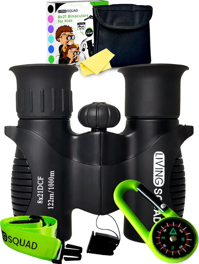 Kids Binoculars Black 8x21 Shockproof Boys Ages 3-12 with Case Neck Strap Compass Carabiner | High Resolution Optics for Bird Watching Camping Hiking | Birthday Gift for Boys