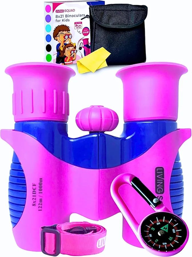 Kids Binoculars Pink 8x21 Shockproof Girls Ages 3-12 with Case Neck Strap Compass Carabiner | High Resolution Optics for Bird Watching Camping Hiking Spy Play | Birthday Gift for Girls