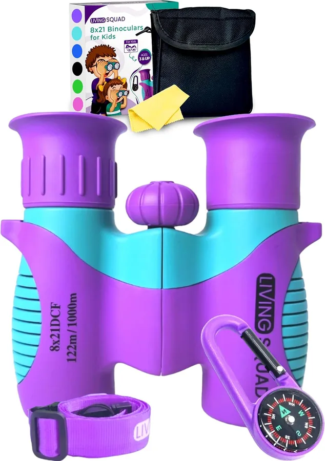 Kids Binoculars Purple 8x21 Shockproof Set Ages 3–12 with Case, Neck Strap, Compass & Carabiner | High Resolution Optics for Outdoor Adventures, Bird Watching & Hiking for Girls