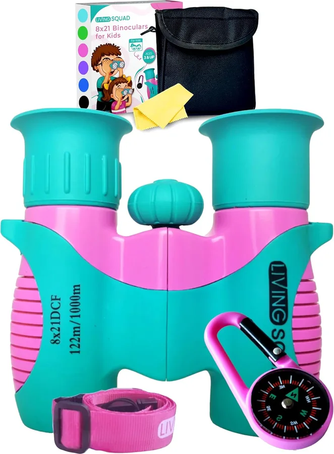 Kids Binoculars Turquoise 8x21 Shockproof Set Ages 3–12 with Case, Neck Strap, Compass & Carabiner | High Resolution Optics for Outdoor Adventures, Bird Watching & Hiking for Boys
