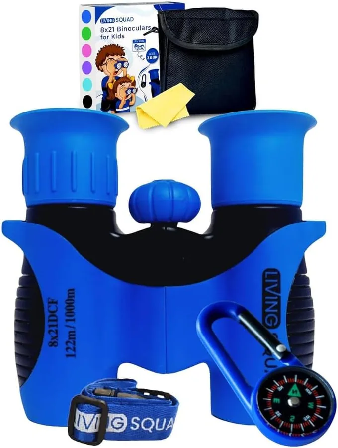 Kids Blue Binoculars 8x21 - Kids Age 3-12, Shock Proof Compact Binoculars Set with High Resolution Optics Toys for Bird Watching, Stargazing, Hunting, Hiking, with Case, Neck Strap
