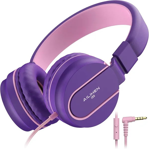 Kids Headphones, Wired Headphones for Kids On Ear with Microphone, 93dB Volume Limiter Headphone for Girls Boys, Foldable Lig
