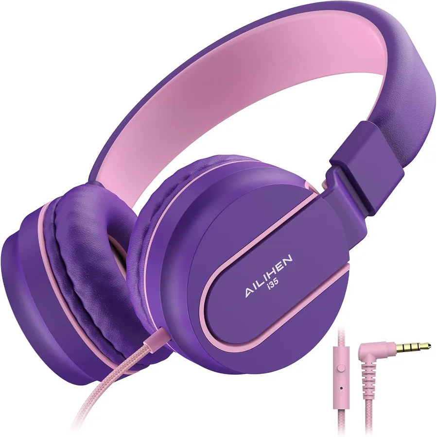 Kids Headphones, Wired Headphones for Kids On Ear with Microphone, 93dB Volume Limiter Headphone for Girls Boys, Foldable Lig