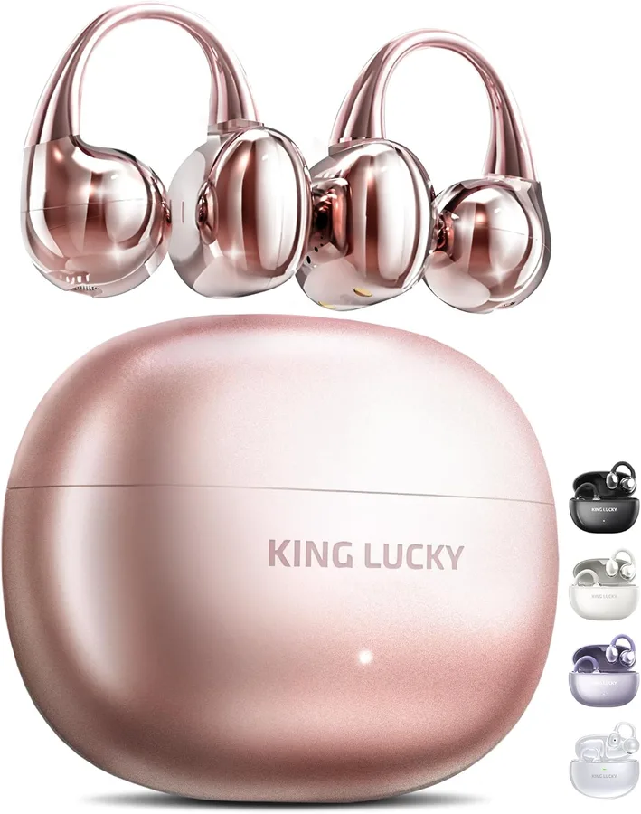 Kinglucky Clip-On Earbuds Gen 3, Open-Ear Wireless Bluetooth 6.0 Headphones with Mic, Secure Fit for Small Ears & Glasses Wearers, 50H Playtime, ENC, IPX5 Waterproof Sport Ear Buds (Pink)