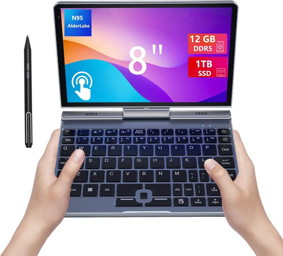 KOOFORWAY 8" Mini Laptop 2-in-1 HD Touchscreen Portable, Win 11 Pro Portable Pocket PC, N150 12 GB LPDDR5 512 GB M.2 SSD, Wi-