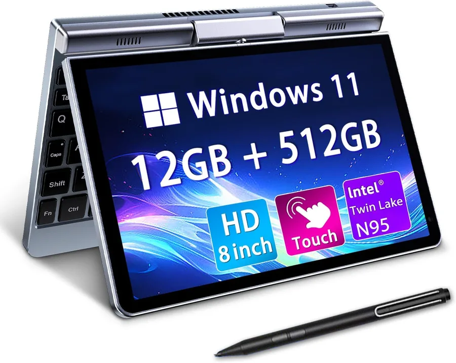KOOTIGERS Mini Laptop 8" 2-in-1, Laptop Computer Win 11, Intel N95(up to 3.4GHz), 12GB RAM 512GB SSD, Touchscreen HD, Backlit