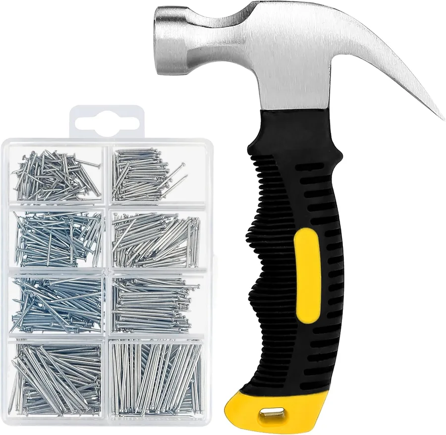 KURUI 700PCs Nails Assortment Kit & 8oz Hammer, Small Hammer for Hanging Wall Art Decor, Picture Frame, 350 Roofing/Wall Nail