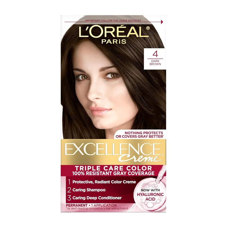 L'Oreal Paris Excellence Crème Permanent Hair Dye, Triple Care Hair Color with Hyaluronic Acid for 100% Gray Coverage, 4 Dark