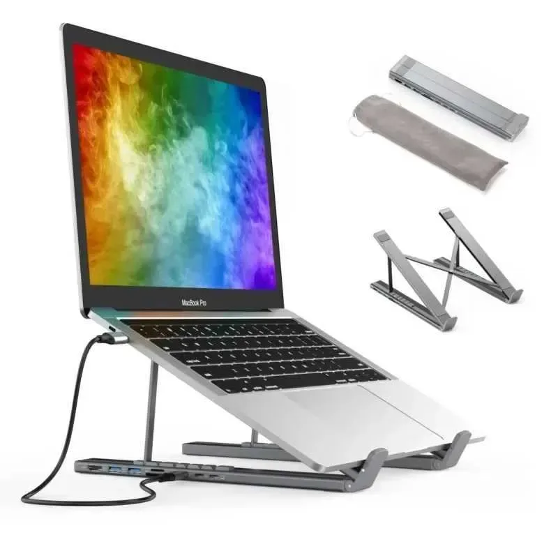 Laptop Stand with USB C 3.1 HUB USB 3.0 7 in 1 4K SD TF Card Reader Adjustable Portable for Macbook Aluminium NotebookXJ250214