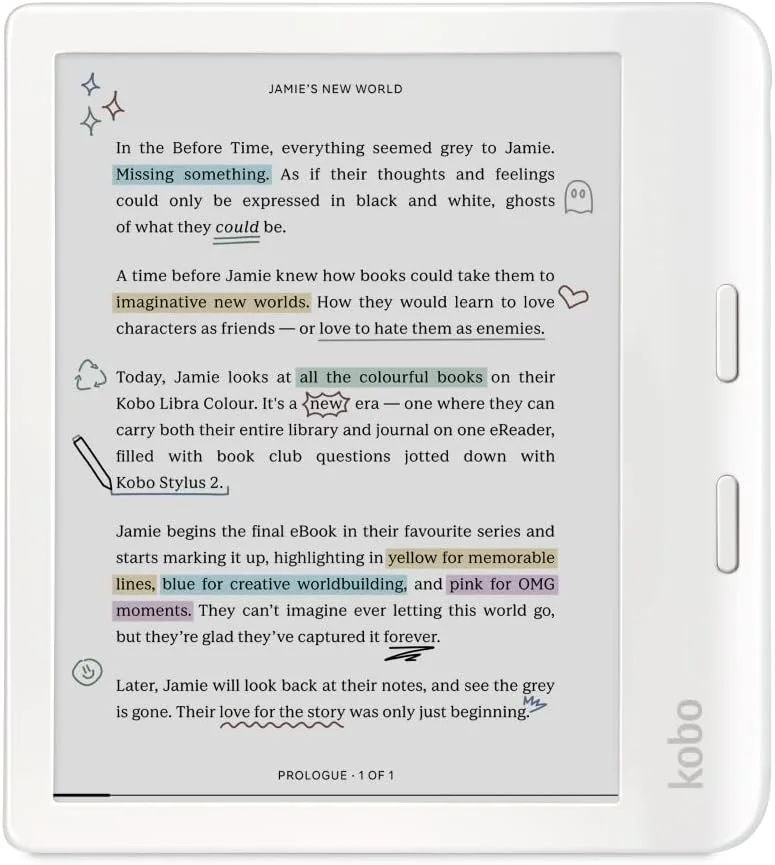 Libra Colour eReader, 7” Color E Ink, Waterproof, White | 7” Color E Ink Kaleido 3, Dark Mode, Waterproof, eBooks, Audiobooks, Recycled Materials