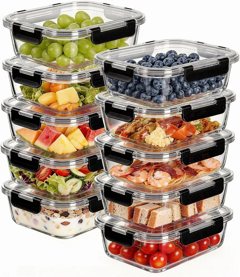 Liuruiyu 10 Pack 21.6oz Glass Food Storage Containers with Lids, Meal Prep Containers, Airtight Bento Boxes with Leak Proof Locking for Microwave, Oven, Freezer and Dishwasher, BPA Free