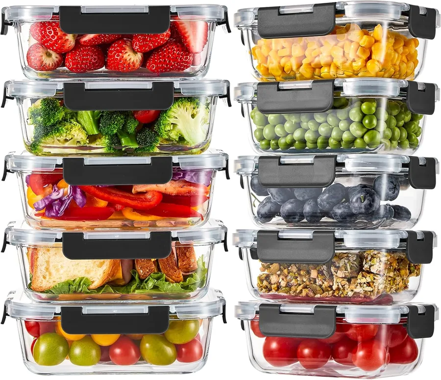 Liuruiyu 10 Pack Glass Food Storage Containers with Lids, Meal Prep Containers, Airtight Bento Boxes with Leak Proof Locking for Microwave, Oven, Freezer and Dishwasher, BPA Free