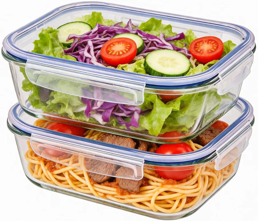 Liuruiyu 2 Pack 2260ml/76.4oz Glass Food Storage Containers with Lids, Meal Prep Containers, Airtight Bento Boxes with Leak Proof Locking for Microwave, Oven, Freezer and Dishwasher, BPA Free