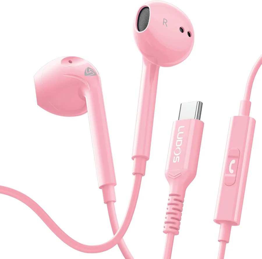 LUDOS Zenith USB C Headphones for iPhone 17 16 15 Pro Max Plus Air iPad Pro Air, 5 Years Warranty, USB-C Earbuds for Samsung Galaxy S24 S23 Ultra S22 S21 S20 A55 A54 A53, USB Type C Earphones - Pink