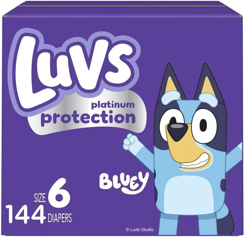 Luvs Size 6 Baby Diapers, Platinum Protection Bluey Diapers for Day & Night,Size 6 (35+ lbs), 144 Count
