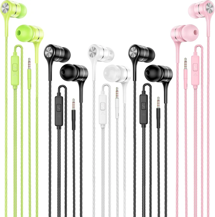 LWZCAM Wired Earbud 5 Pack with 3.5mm Stereo Headphones with Microphone | Bass-heavy sound, a built-in microphone, tangle-free design, ergonomic in-ear style, and compatibility with all 3.5mm jacks