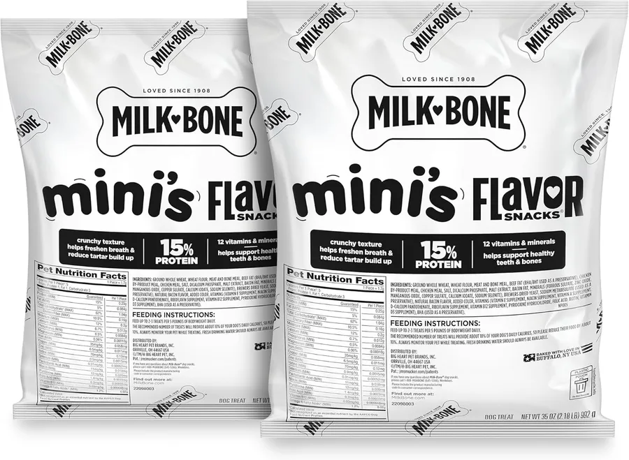 Milk-Bone Flavor Snacks Mini’s Dog Treats, 2 (35-Oz.) Refill Packs | 5 calories per treat, 15% protein, 3 tail-wagging flavors per bag (beef, chicken & bacon, naturally & artificially flavored)