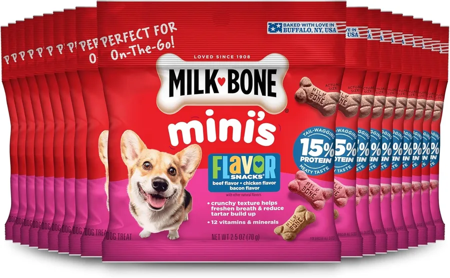 Milk-Bone Flavor Snacks Mini’s Dog Treats, 20 To-Go Bags | 2.5-oz. bags, 5 flavors per box (beef, chicken, turkey, bacon & sausage flavors with other natural flavors)