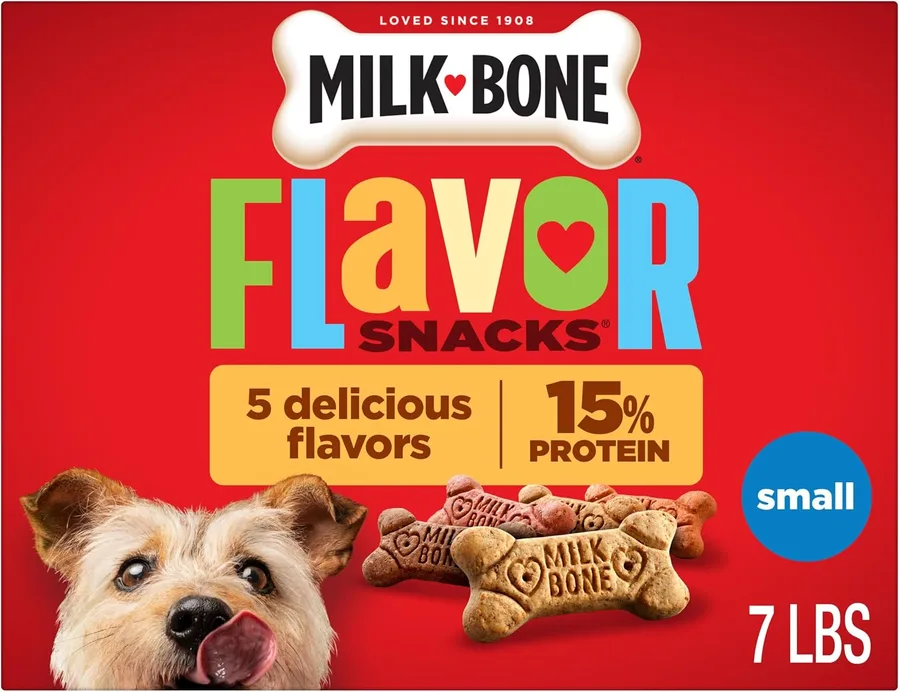 Milk-Bone Flavor Snacks Small Dog Biscuits, 7 lb Box | 5 meaty flavors with other natural flavors, crunchy small dog treats, 15% protein, 12 vitamins & minerals, made in the USA