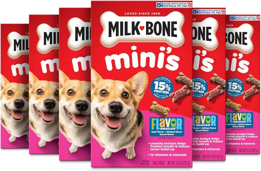 Milk-Bone Mini's Flavor Snacks Dog Biscuits, 15 oz Boxes | 6-pack bulk case, 3 meaty flavors with other natural flavors, small crunchy dog treats, 15% protein, 12 vitamins & minerals