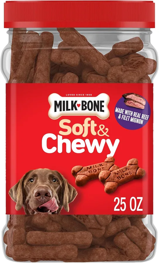 Milk-Bone Soft & Chewy Dog Treats, 25 Oz. Canister | Made with real beef & filet mignon, tender dog treats, easy to chew, for dogs of all ages and sizes