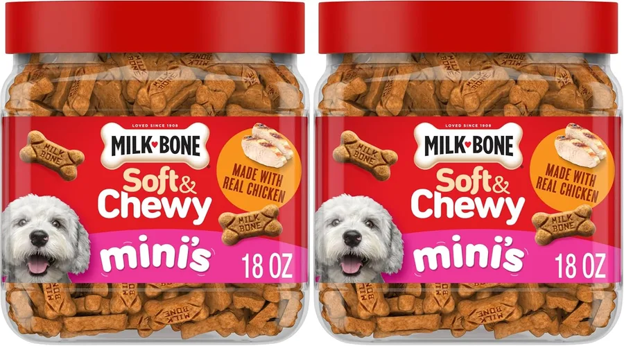 Milk-Bone Soft & Chewy Mini’s Dog Treats, Made with Real Chicken, 18 Ounce Canister (Pack of 2)