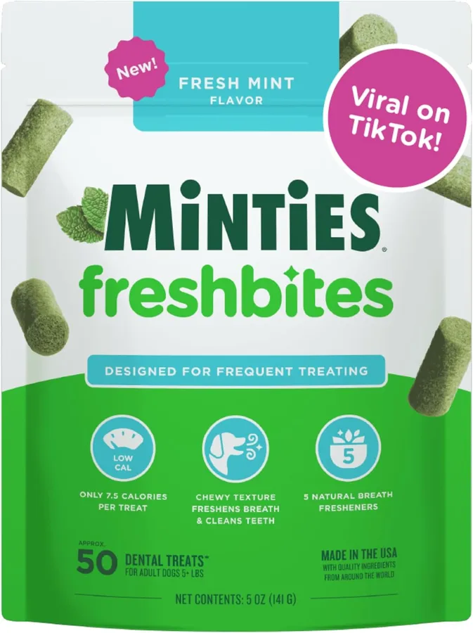 Minties FreshBites Soft and Chewy Dental Treats, Low Calorie Natural Mint Flavored Dental Chews for Dogs, 50 Count, Dog Chews Clean Teeth, Fight Bad Breath, Removes Plaque and Tartar