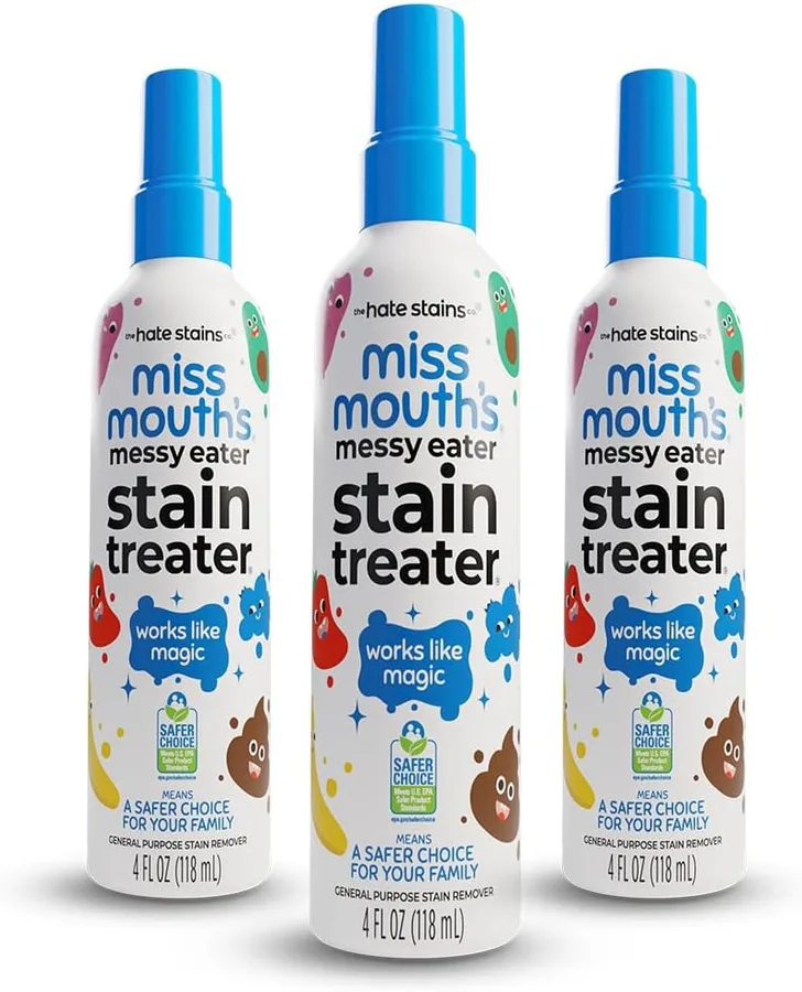 Miss Mouth's Messy Eater Stain Treater Spray - 4oz 3 Pack Stain Remover - Newborn & Baby Essentials - No Dry Cleaning Food, Grease, Coffee Off Laundry, Underwear, Fabric | Newborn & Baby Essentials; Cleans Off Food, Grease, Coffee; Use on Laundry, Underwear, Fabric