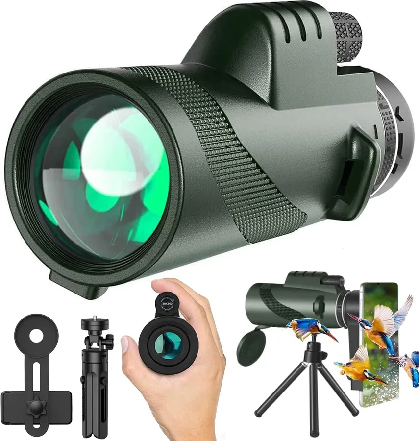Monocular-Telescope 80x100 High Powered Monoculars High Definition forAduts High Powered with HD BAK4 Prism Smartphone AdapterTelescope Bird Watching Travel Camping Hiking-Green