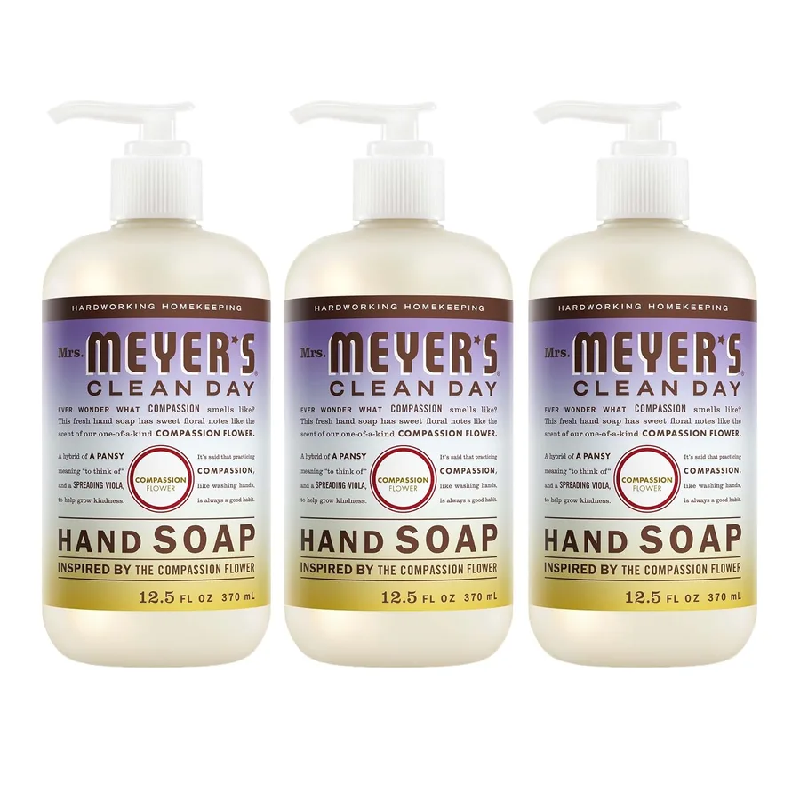 MRS. MEYER'S CLEAN DAY Hand Soap, Compassion Flower Scent, 12.5 Fl Oz Bottle - 3 Pack | Moisturizing Liquid Hand Soap, Softens and Cleans Hands, Cruelty Free, Made with Essential Oils, Olive Oil, and Aloe Vera