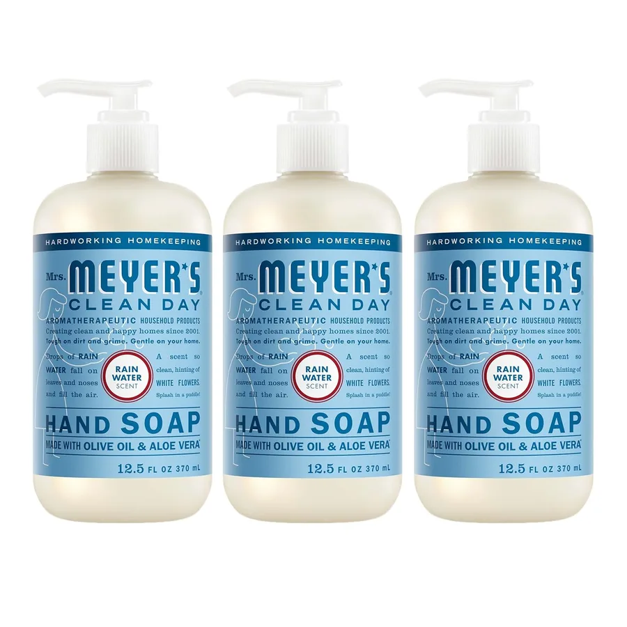 MRS. MEYER'S CLEAN DAY Hand Soap, Rain Water Scent, 12.5 Fl Oz Bottle - 3 Pack | Moisturizing Liquid Hand Soap, Softens and Cleans Hands, Cruelty Free, Made with Essential Oils, Olive Oil, and Aloe Vera