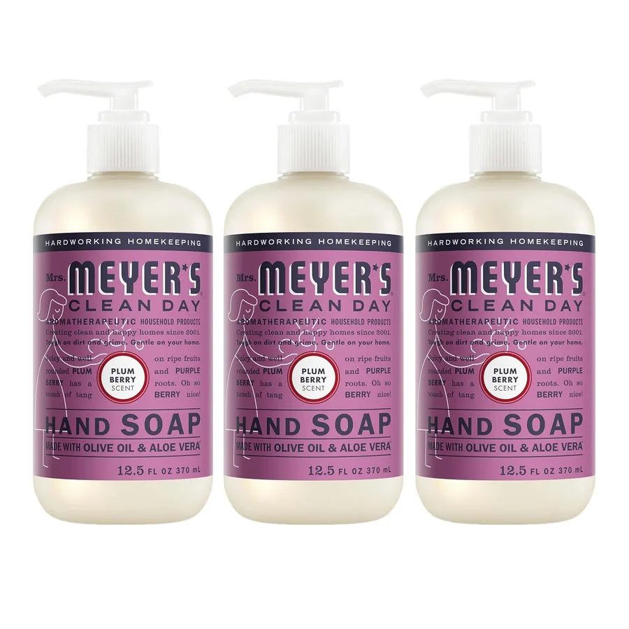 MRS. MEYER'S CLEAN DAY Liquid Hand Soap, Plum Berry, 12.5 fl oz, 3 Pack | Moisturizing Liquid Hand Soap, Softens and Cleans Hands, Cruelty Free, Made with Essential Oils, Olive Oil, and Aloe Vera